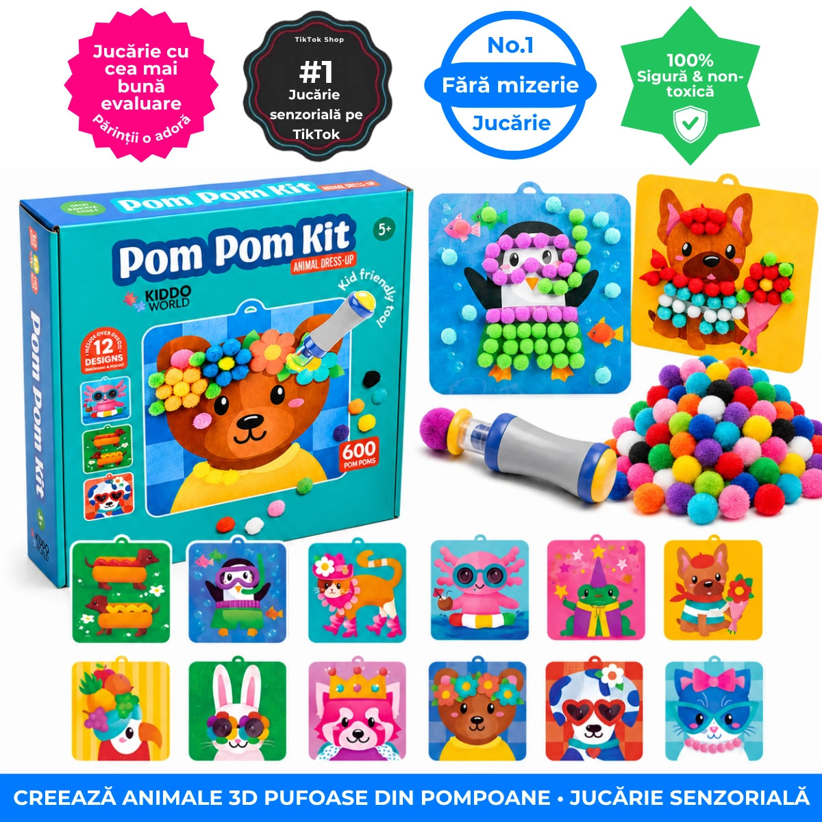 Pom Pom Kit – creează animăluțe 3D pufoase din pompoane moi, fără