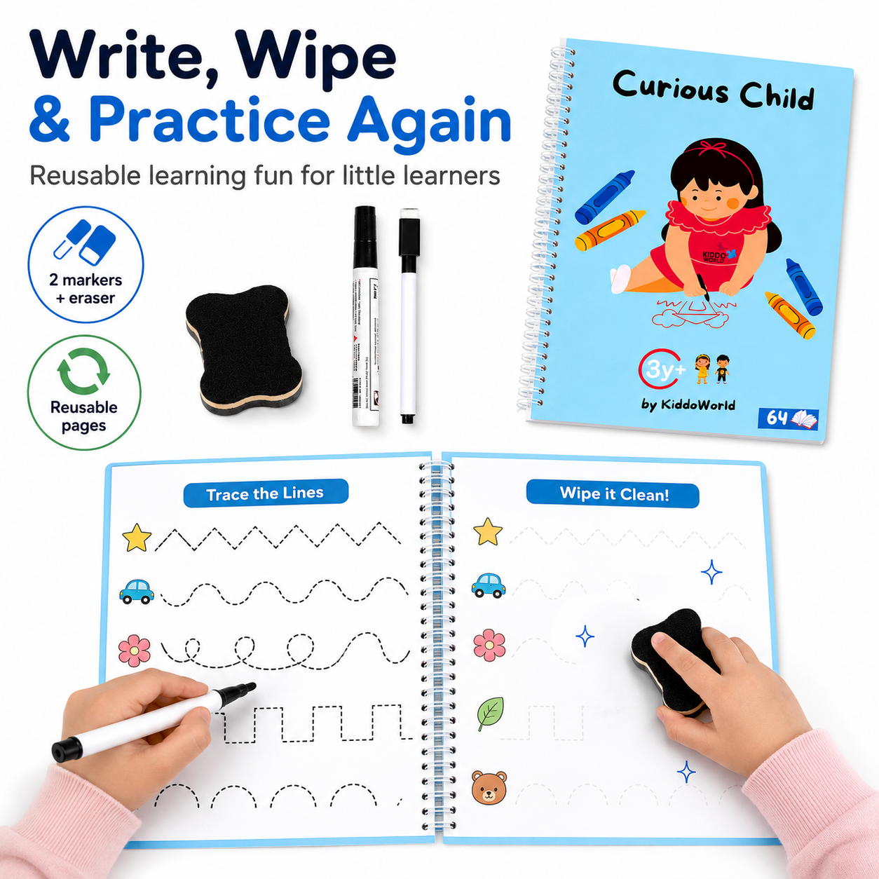 Curious Child | Caiet reutilizabil cu activități de scriere și logică (64 de pagini, 3+ ani)