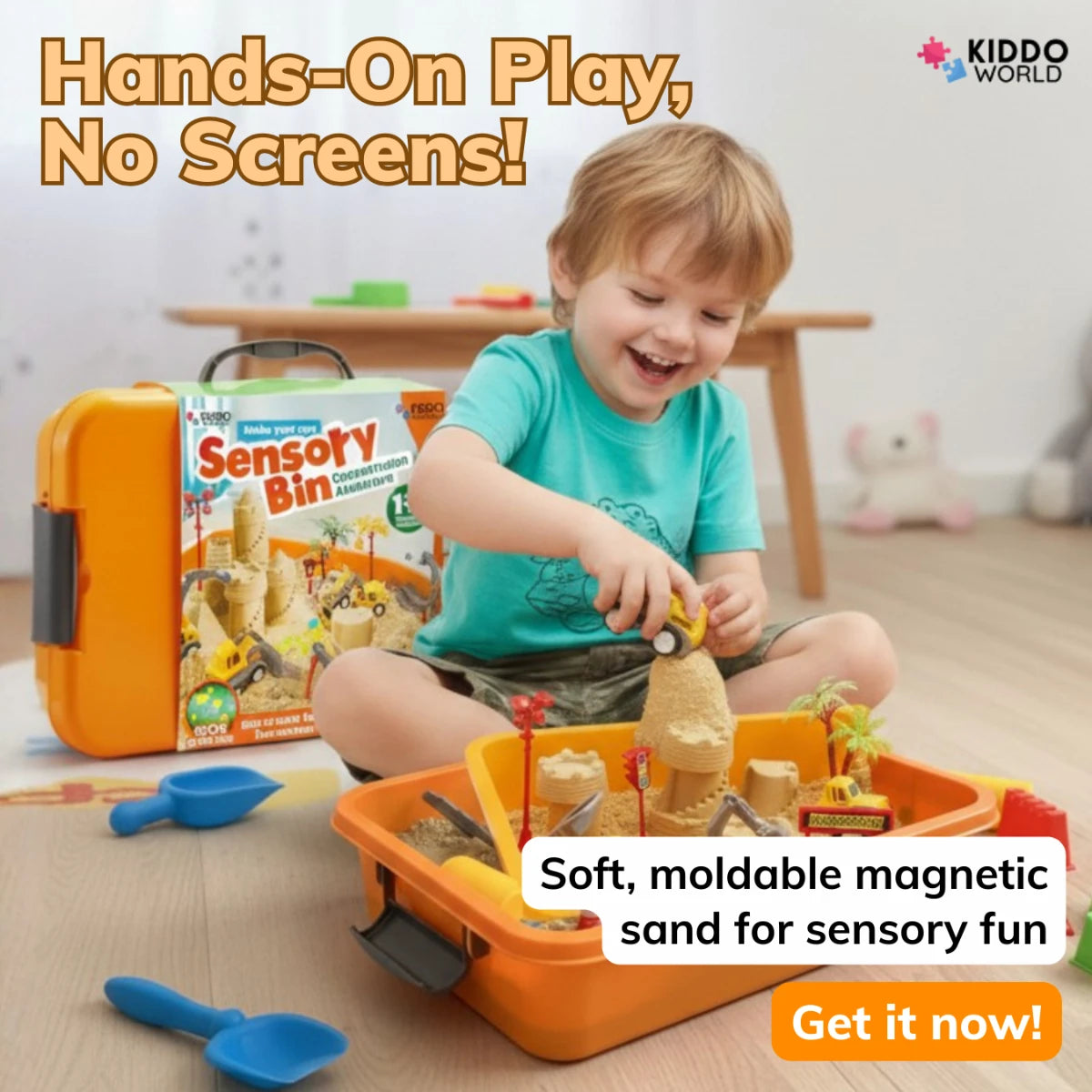 Set de joacă senzorial cu nisip magnetic și pietricele fosforescente | Șantier | pentru copii 3+