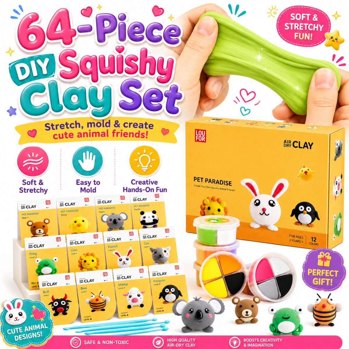 Set DIY Squishy Clay din 64 de piese (4+ ani)