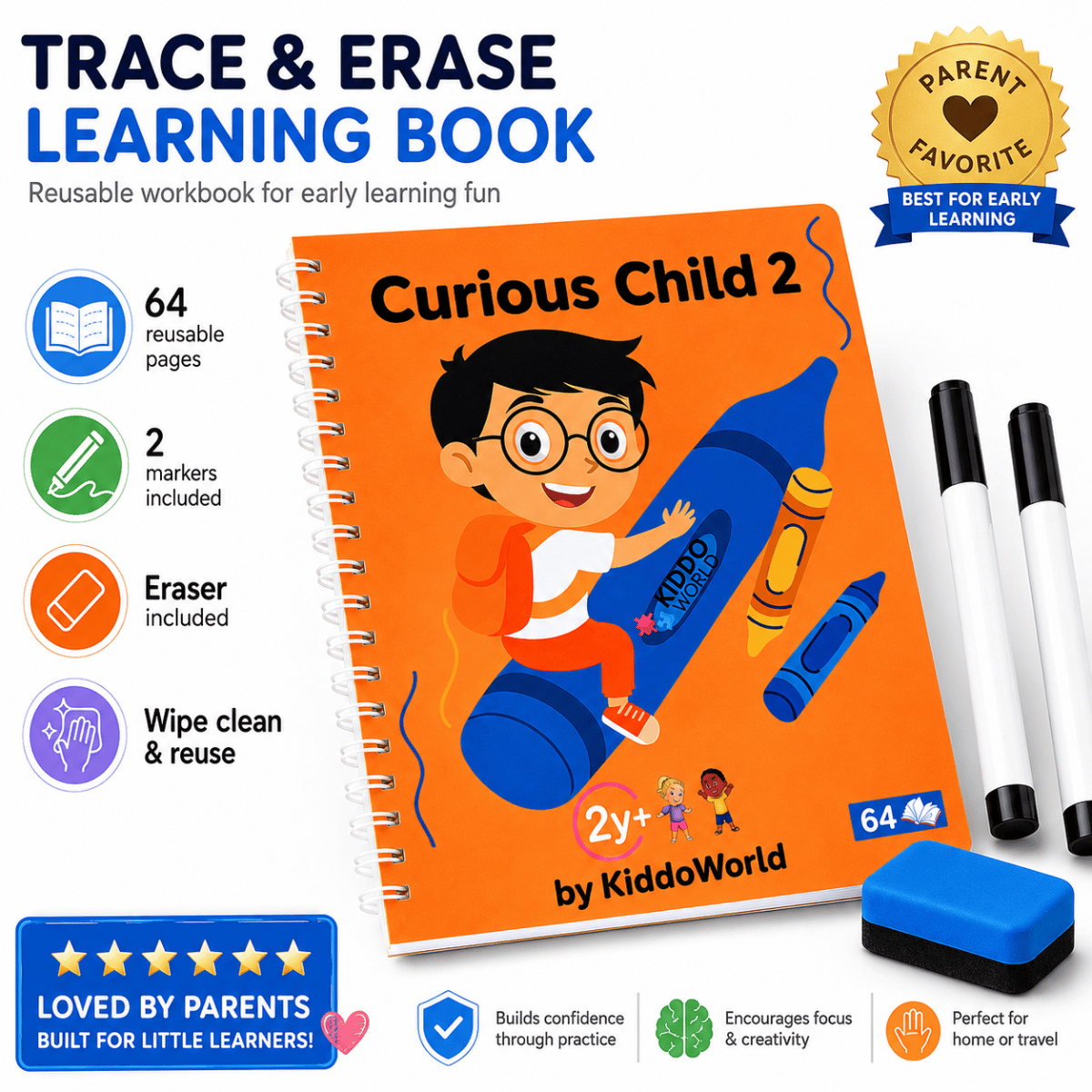 Curious Child 2 | Caiet șterge-scrie pentru învățarea scrisului (64 pagini, 2+ ani)