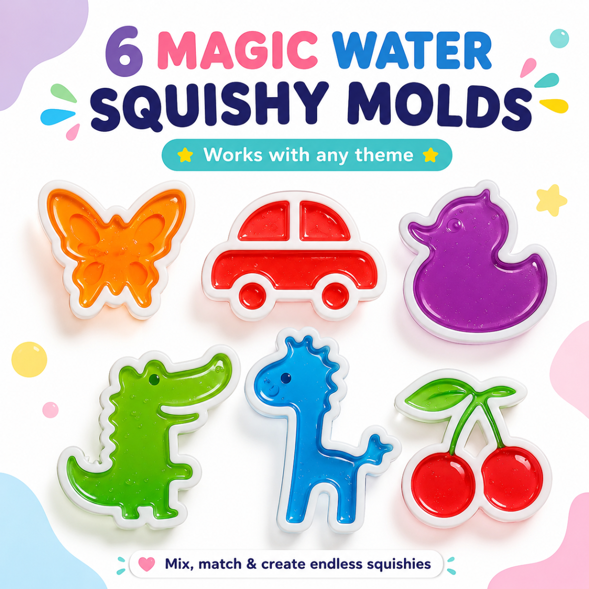 Magic Water Squishy Expansion Pack – 6 forme suplimentare (Animăluțe și forme noi, 3+ ani)