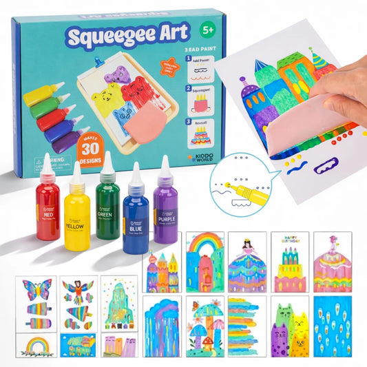 Squeegee Art Kit | Set cu 5 culori și o racletă magică pentru crearea desenelor fără pensule | pentru copii 5+