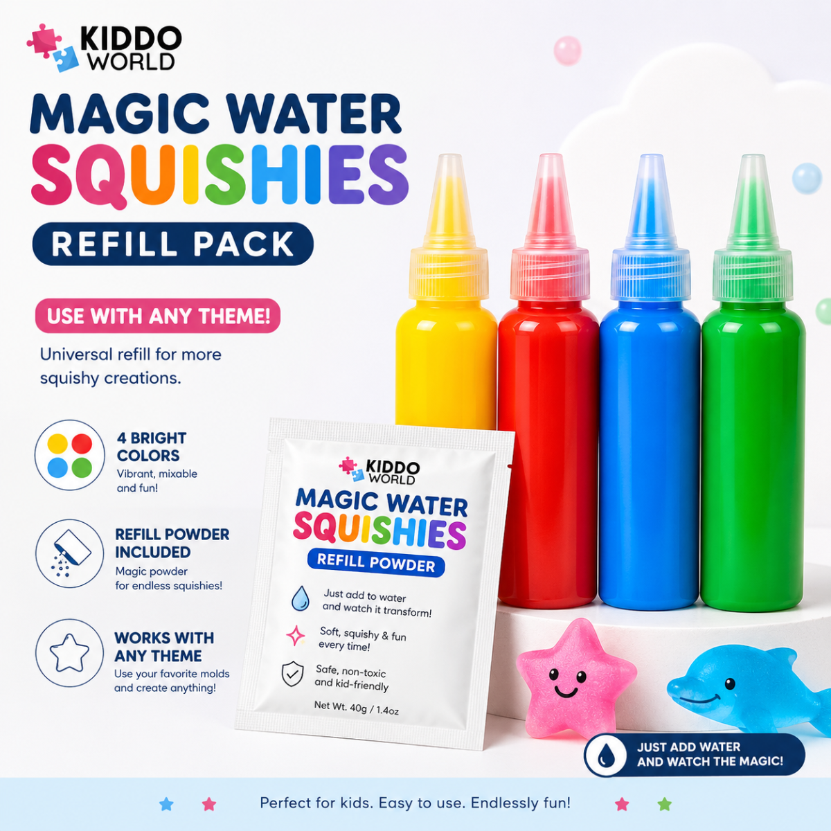 Magic Water Squishy Refill Pack – Rezervă 4 culori + 1 praf magic (Compatibil cu toate seturile, 3+ ani)