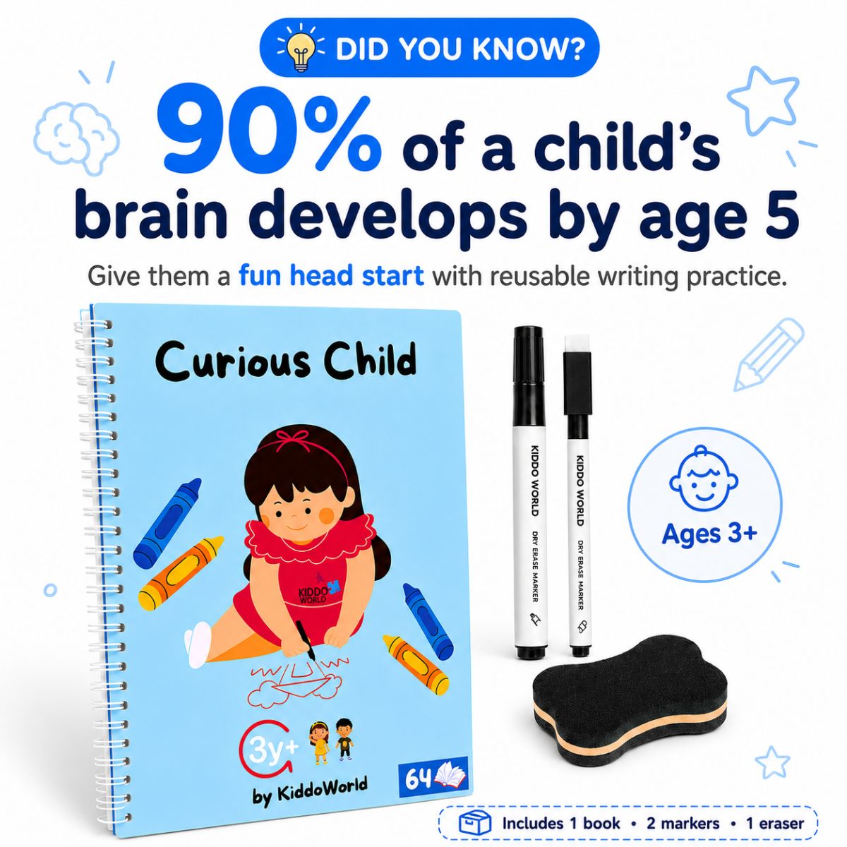 Curious Child | Caiet reutilizabil cu activități de scriere și logică (64 de pagini, 3+ ani)