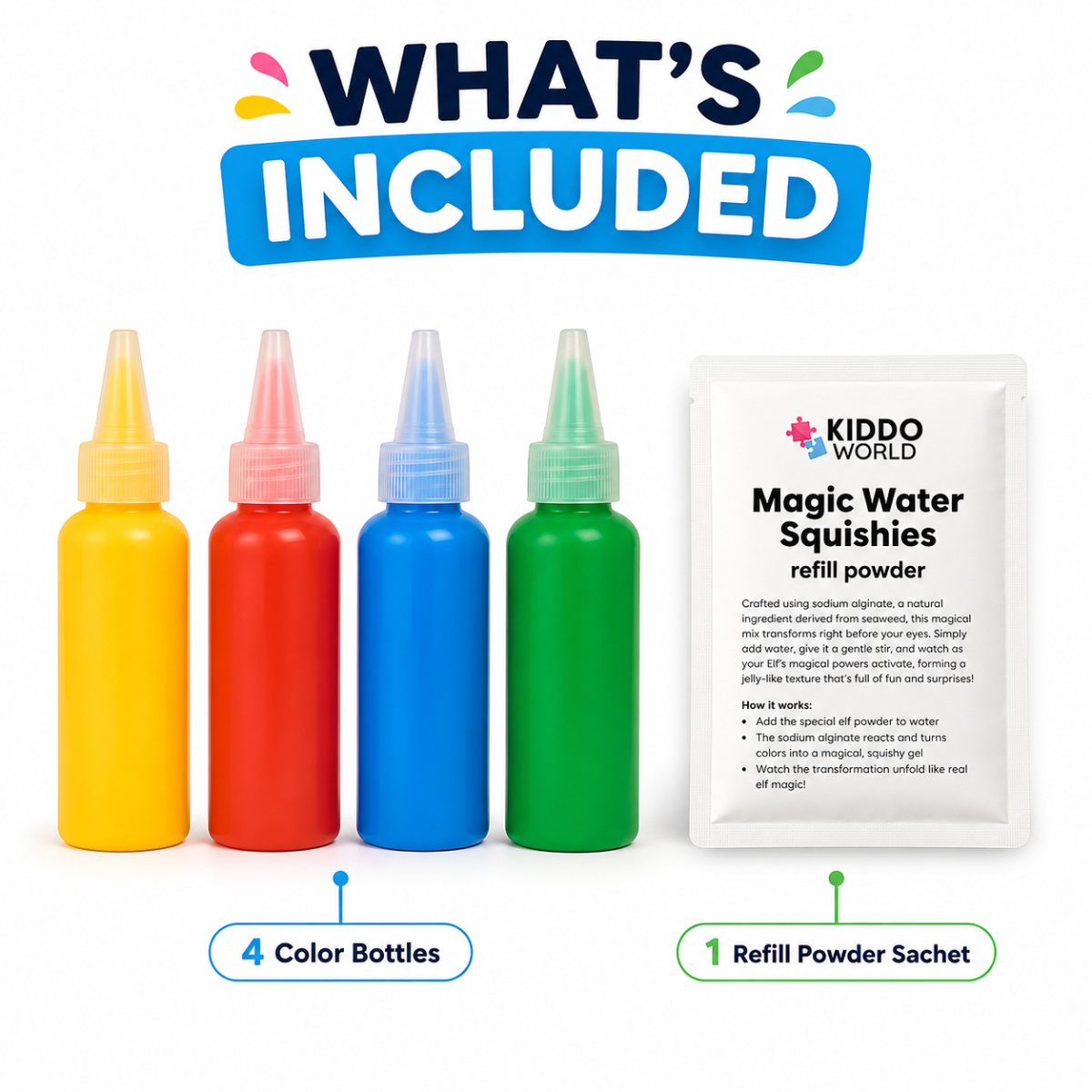 Magic Water Squishy Refill Pack – Rezervă 4 culori + 1 praf magic (Compatibil cu toate seturile, 3+ ani)