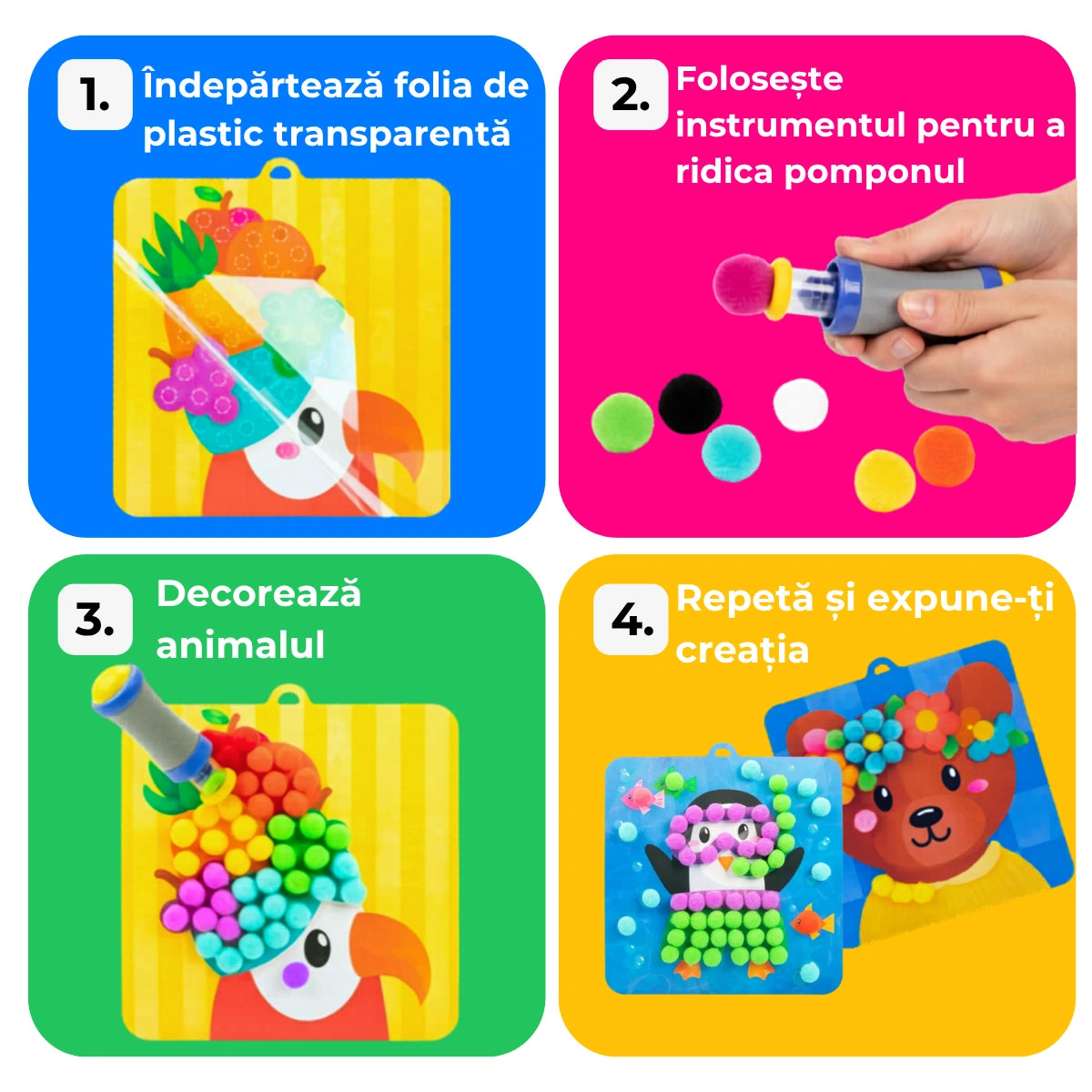 Pom Pom Kit – creează animăluțe 3D pufoase din pompoane moi, fără murdărie! (5+ ani)