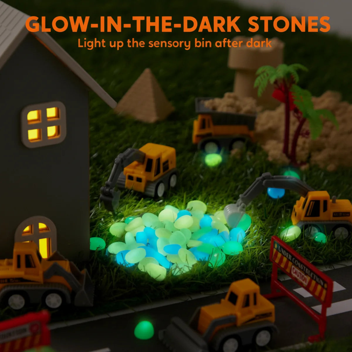Set senzorial cu nisip magnetic și pietricele fosforescente | Șantier & excavatoare