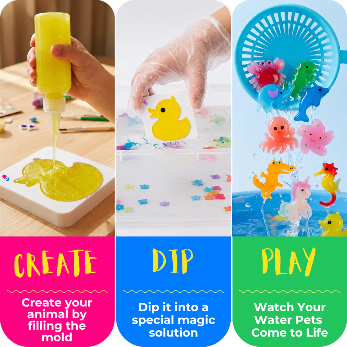 Magic Water Squishy Refill Pack – Rezervă 4 culori + 1 praf magic (Compatibil cu toate seturile, 3+ ani)