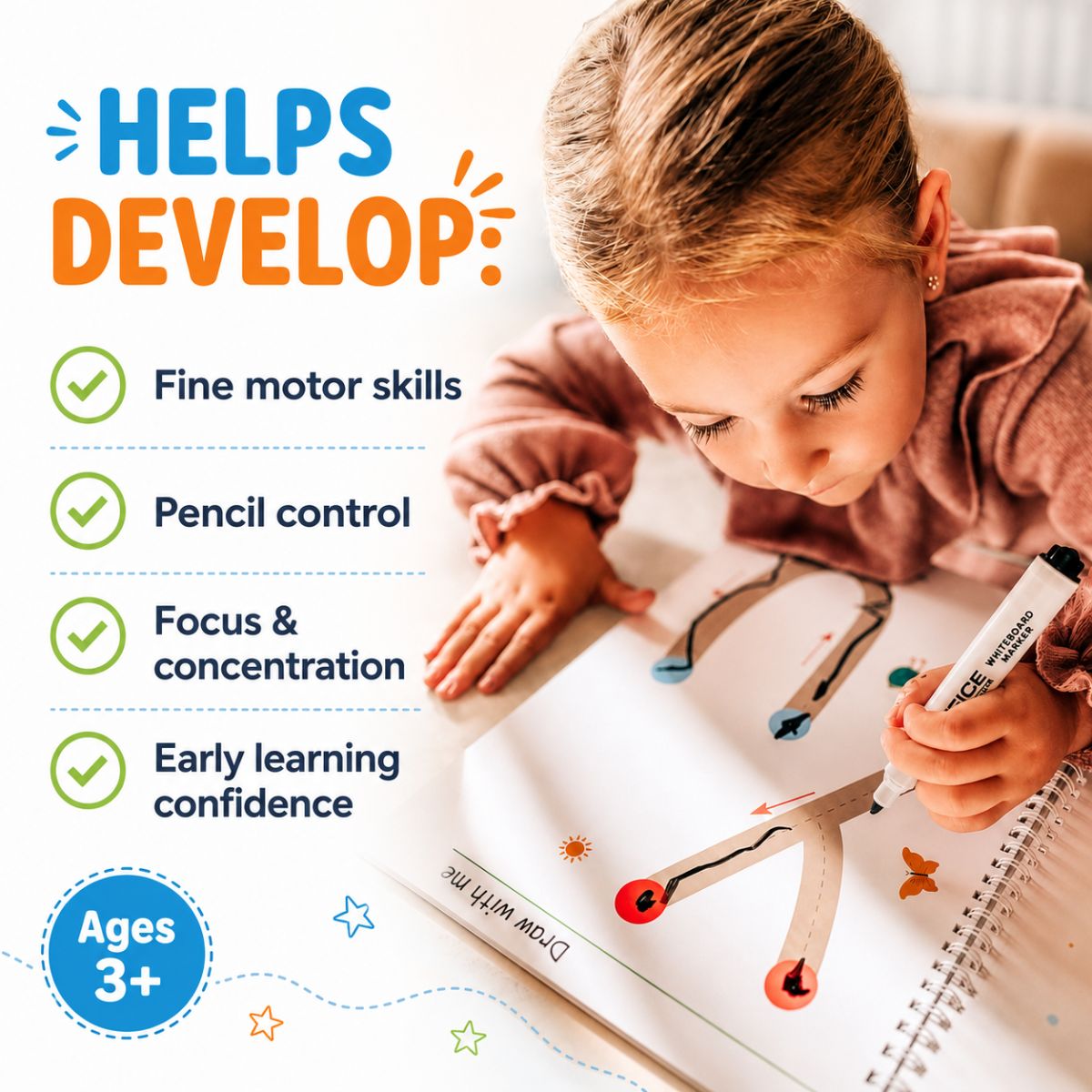 Curious Child | Caiet reutilizabil cu activități de scriere și logică (64 de pagini, 3+ ani)