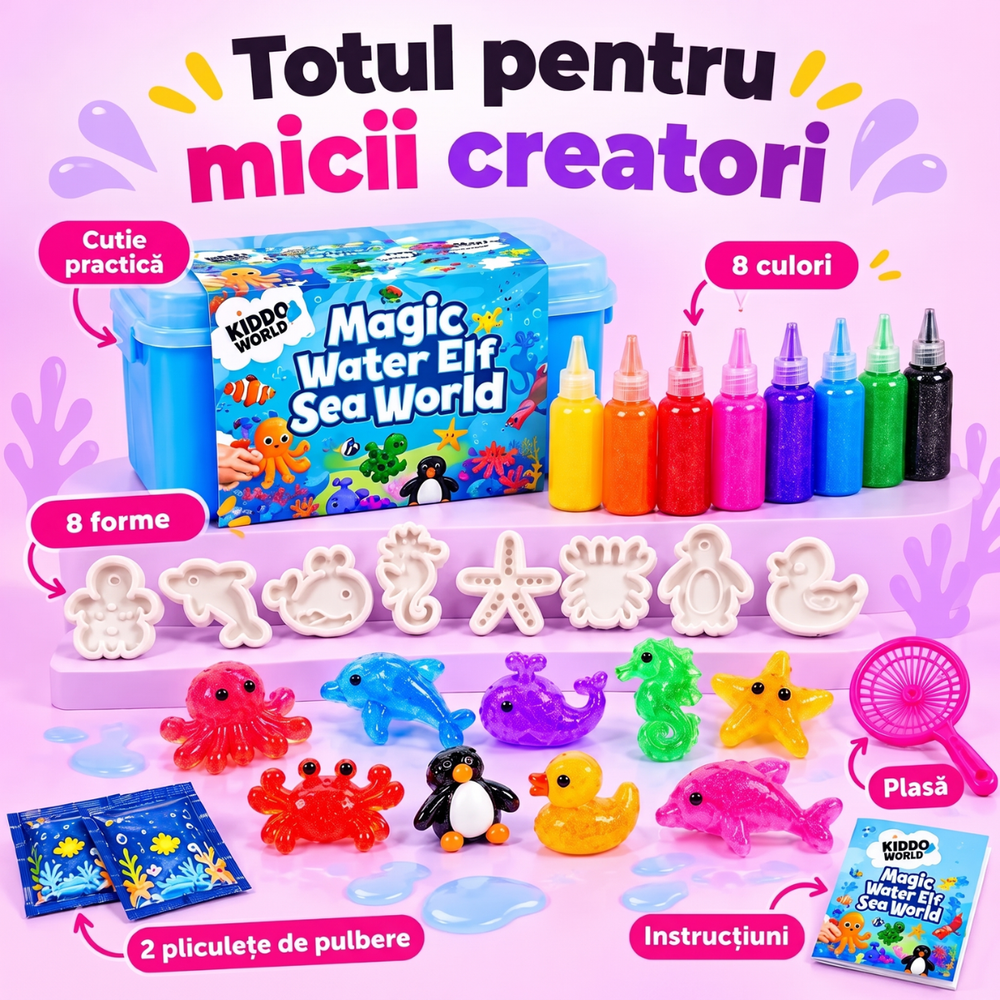 Conținutul setului Magic Water Squishies: cutie de depozitare, plasă, instrucțiuni, 2 plicuri cu pulbere, 8 geluri colorate și 8 forme