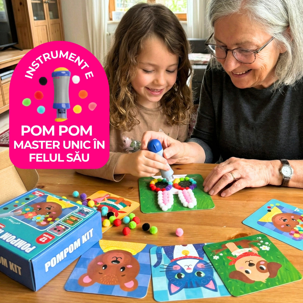 Pom Pom Kit – creează animăluțe 3D pufoase din pompoane moi, fără murdărie! (5+ ani)