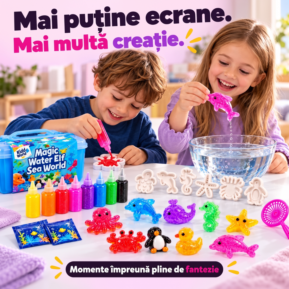 Doi copii creează squishies marine din gel colorat lângă un bol cu apă