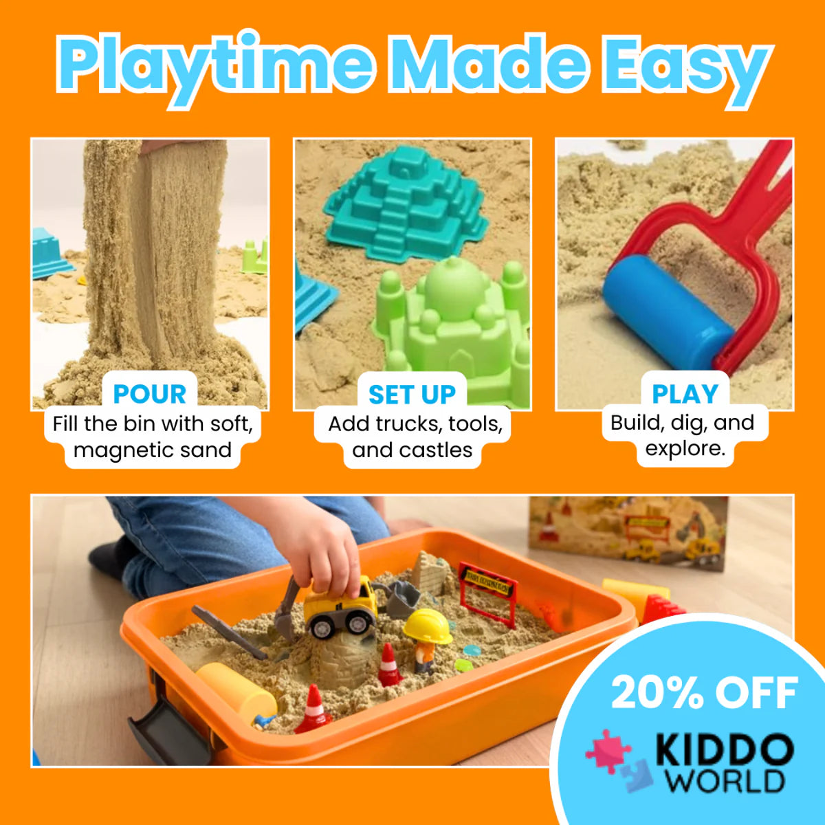 Set senzorial cu nisip magnetic și pietricele fosforescente | Șantier & excavatoare