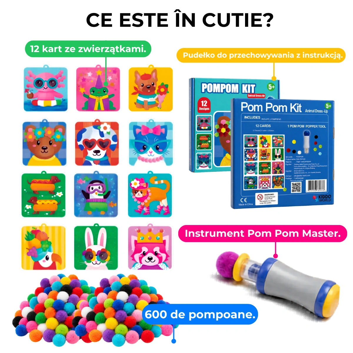 Pom Pom Kit – creează animăluțe 3D pufoase din pompoane moi, fără murdărie! (5+ ani)