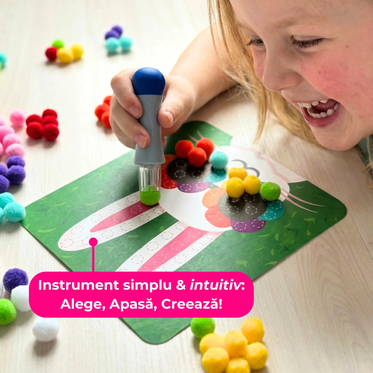 Pom Pom Kit – creează animăluțe 3D pufoase din pompoane moi, fără murdărie! (5+ ani)