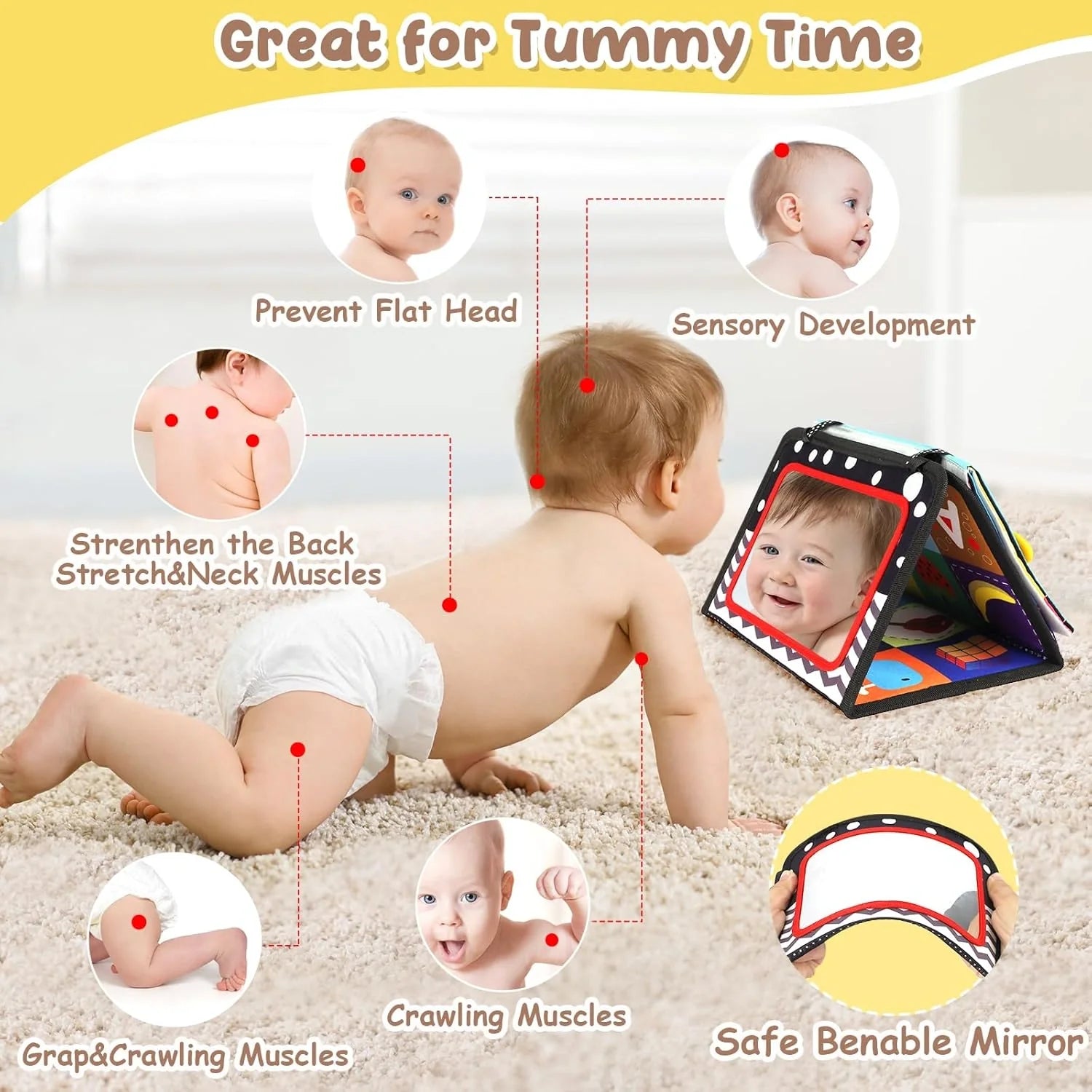 Salteluță senzorială cu oglindă pentru tummy time – susține dezvoltarea bebelușului din primele zile! (0+ luni)