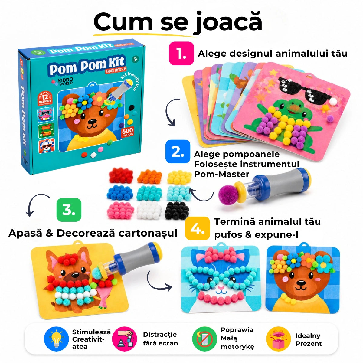 Pom Pom Kit – creează animăluțe 3D pufoase din pompoane moi, fără murdărie! (5+ ani)