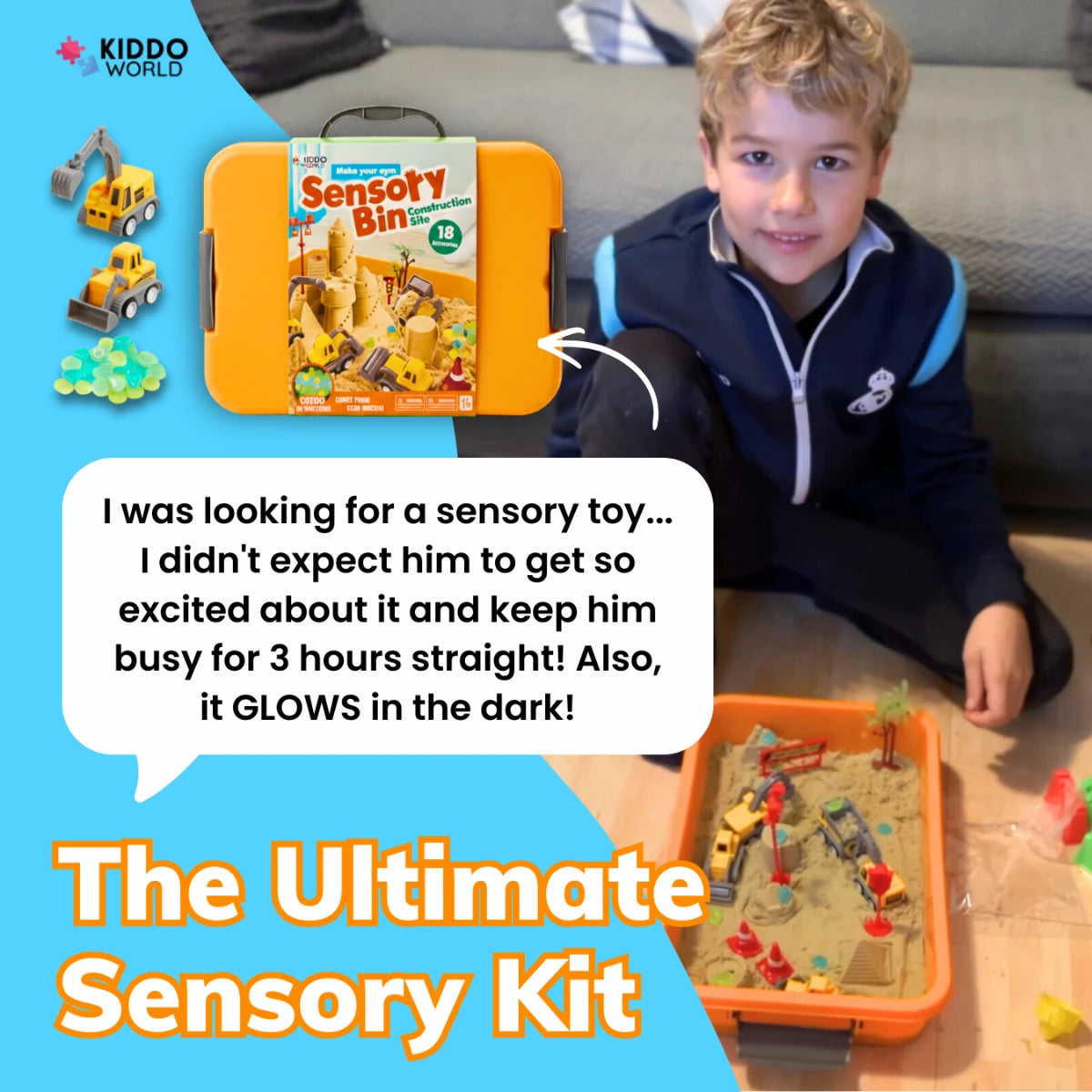 Set de joacă senzorial cu nisip magnetic și pietricele fosforescente | Șantier | pentru copii 3+