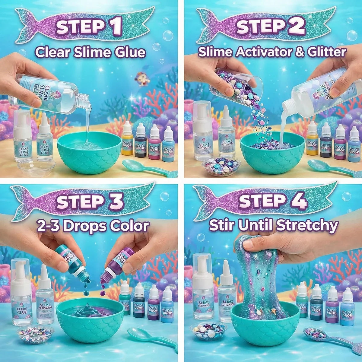 Mermaid Ocean Slime – creează slime marin strălucitor cu sirene! (4+ ani)