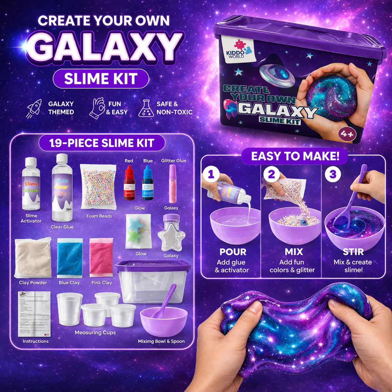 Galaxy Slime – creează slime cosmic strălucitor care luminează în întuneric! (4+ ani)