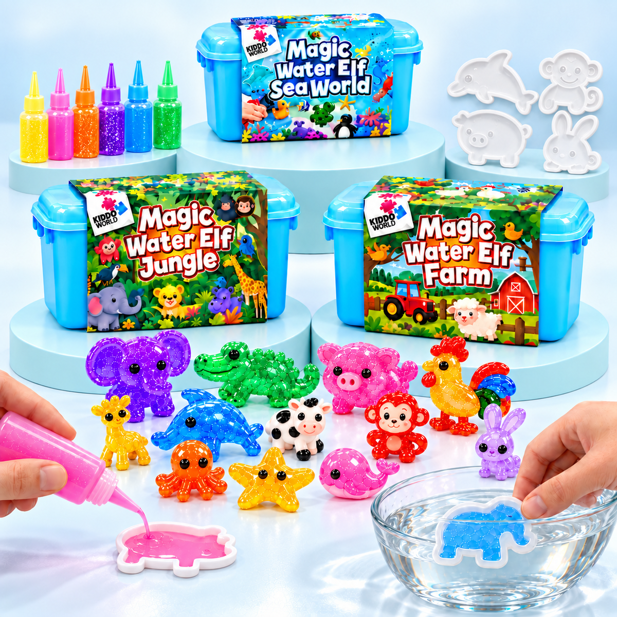Magic Water Squishies – 3× set creativ pentru realizarea figurinelor 3D | Lumea marină, Fermă și Junglă | 3+ ani