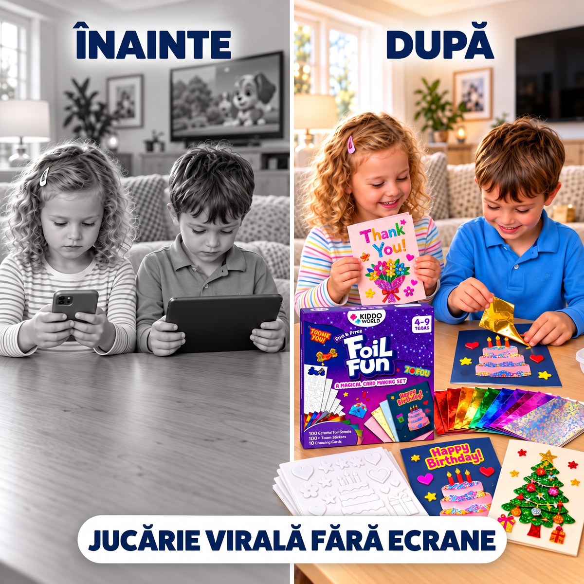 Înainte și după: copii în fața ecranelor, apoi creând felicitări Foil Fun