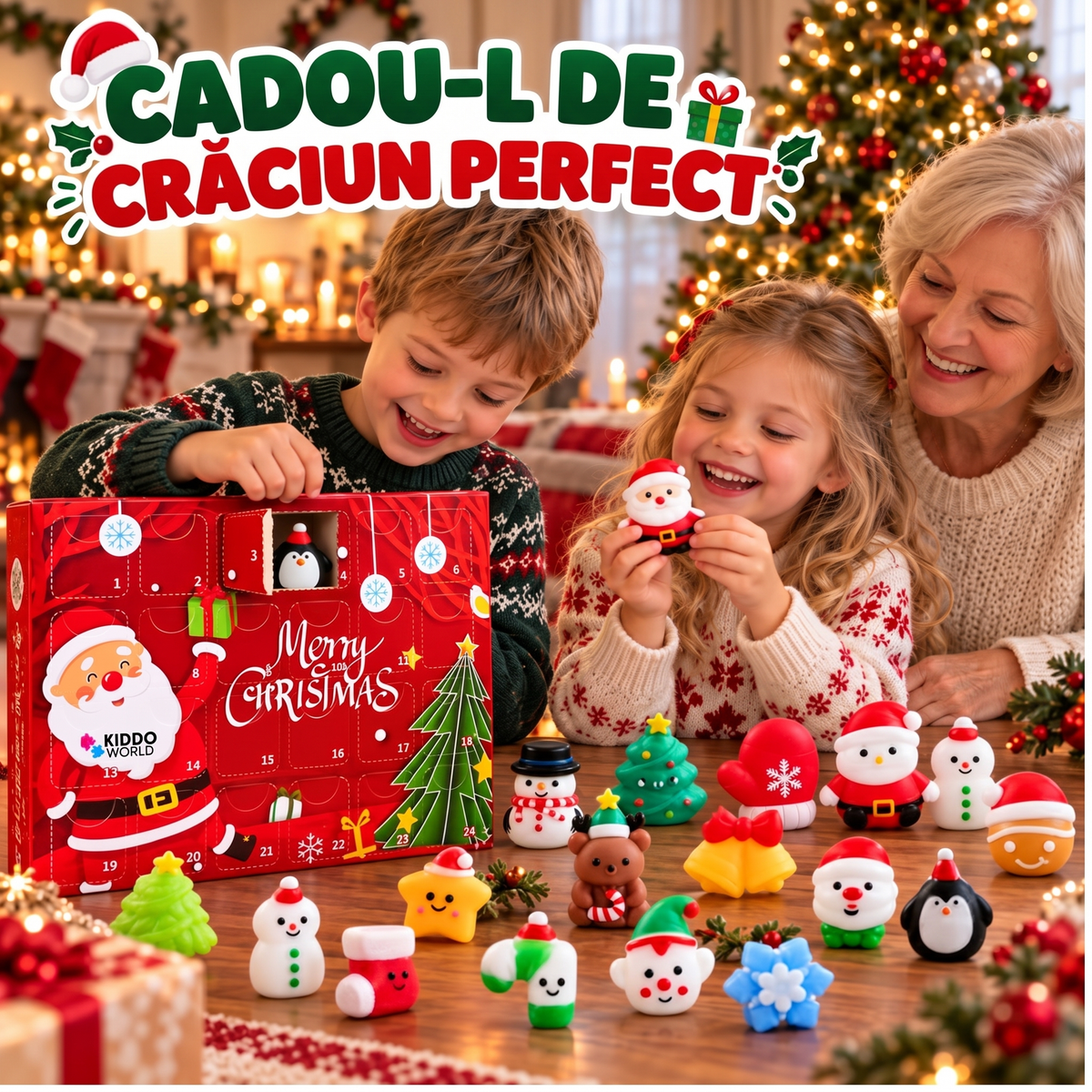 Frați împreună cu bunica lângă bradul de Crăciun deschid Calendarul de Advent Squishy