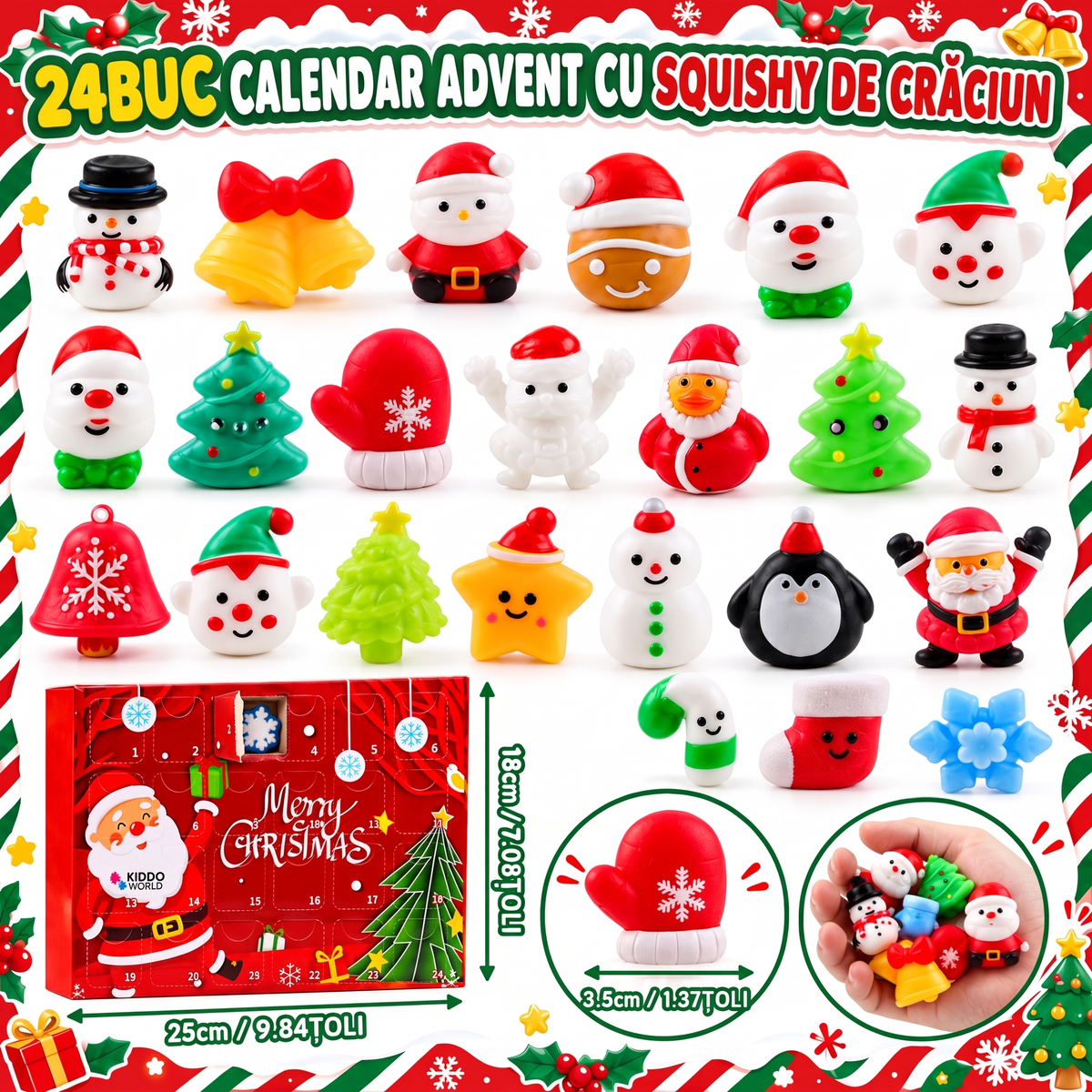 Toate cele 24 de jucării squishy de Crăciun din calendarul de Advent și dimensiunile ambalajului