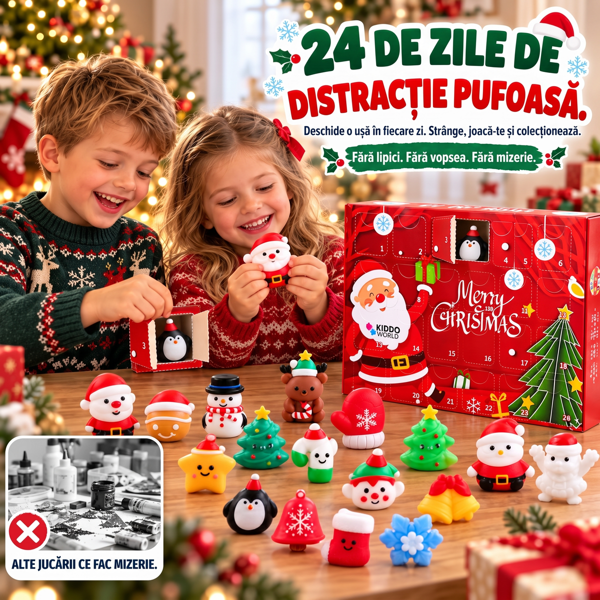 Copii care râd și strâng jucăriile squishy din calendarul de Advent – 24 de zile de distracție fără mizerie
